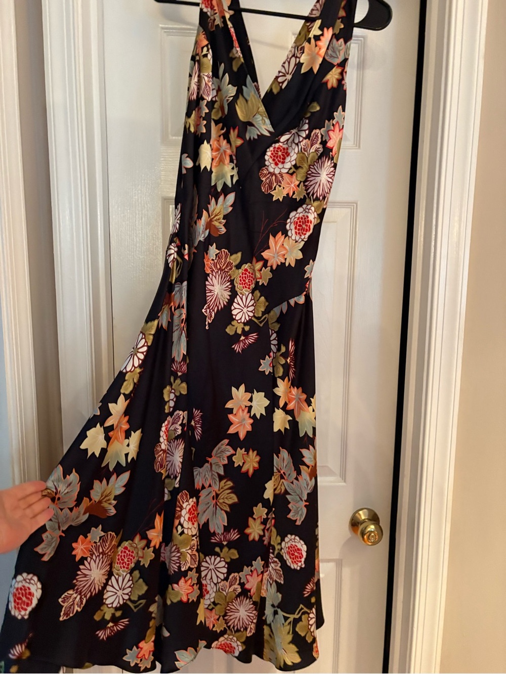 Black Floral 100% Silk V-Neck Midi Dress